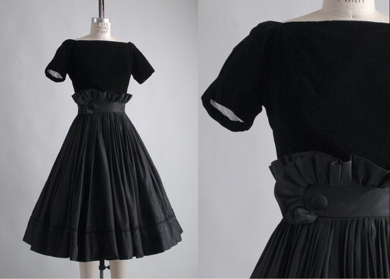 1950s Gigi Young black velvet + taffeta ruffle dre
