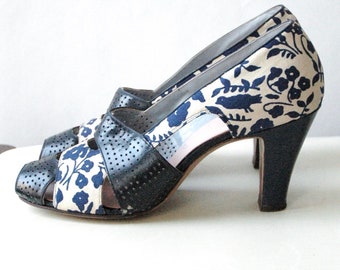 Unique 1940s Blue + White Floral Canvas Leather Heels Paradise Stylecraft