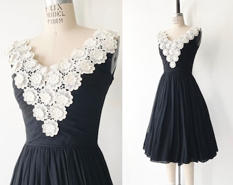 1950s Sheer Cotton + Appliqued Flower Dress