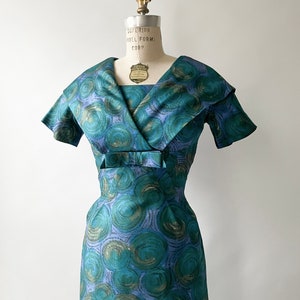 1960s Abstract Printed Silk Cocktail Purple Blue Dress image 3