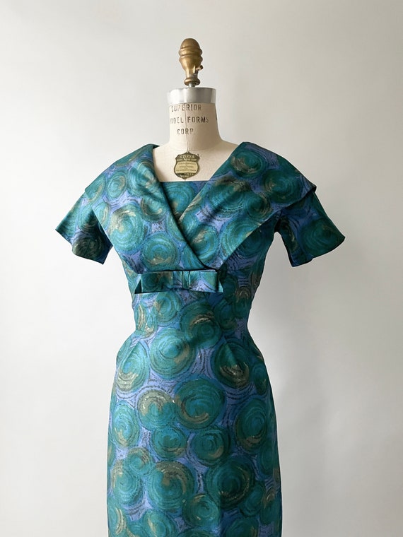 1960s Abstract Printed Silk Cocktail Purple Blue … - image 3