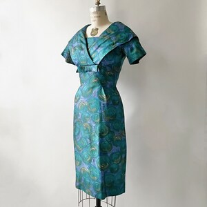 1960s Abstract Printed Silk Cocktail Purple Blue Dress image 2