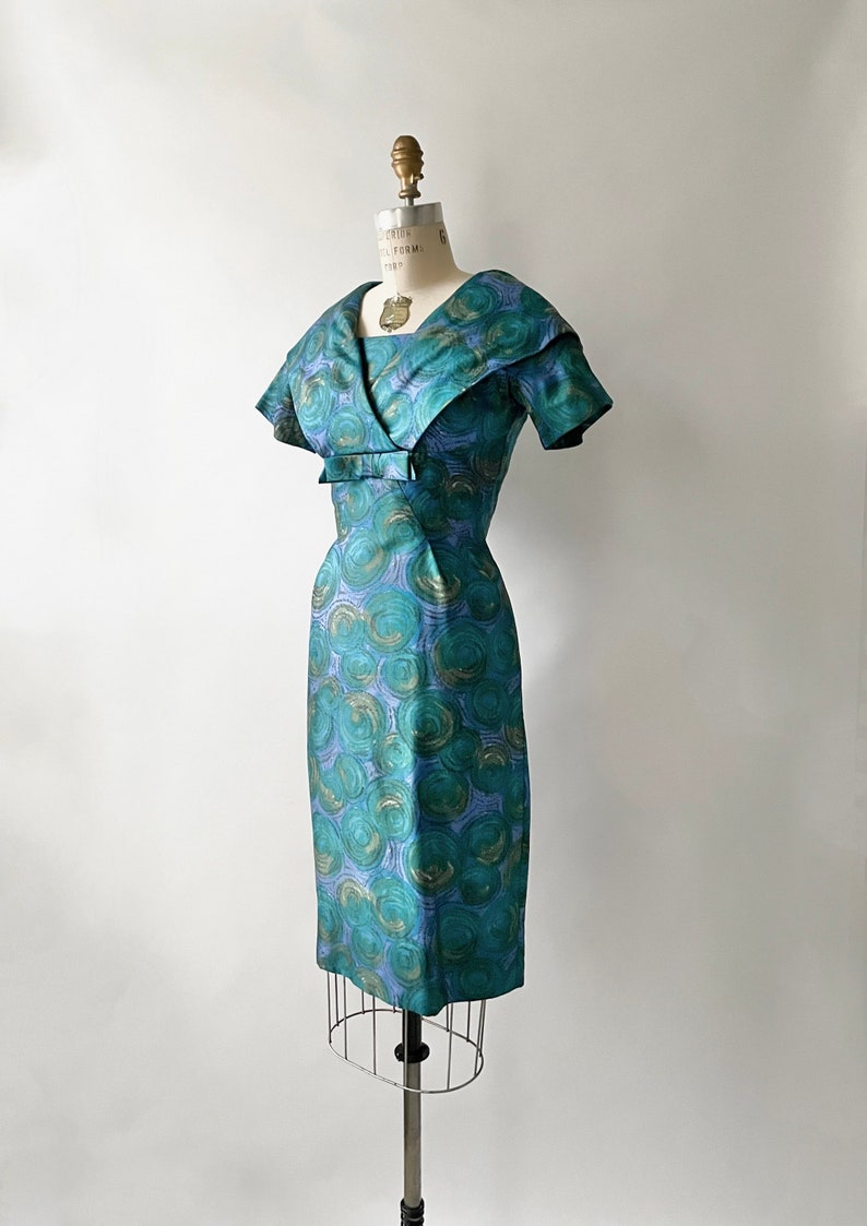 1960s Abstract Printed Silk Cocktail Purple Blue Dress image 2