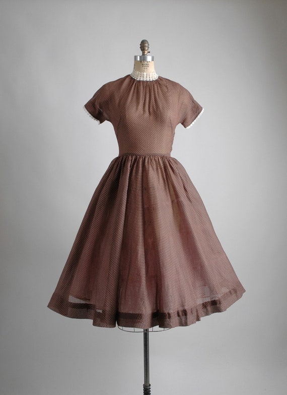 Brown Cotton Sheer Dress Medium Rockabilly Thread Detail Fit and Flare 60/'s Sixties 50/'s Fifties Short Sleeve Pleated Skirt Bow Belt