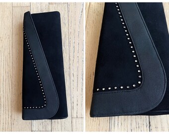 1940s 50s Asymmetrical Black Suede + Rhinestones Clutch Manon