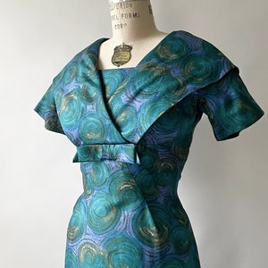 1960s Abstract Printed Silk Cocktail Purple Blue Dress image 5