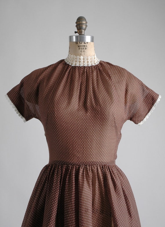 1950s Sheer Brown Cotton + White Dot Dress - image 3