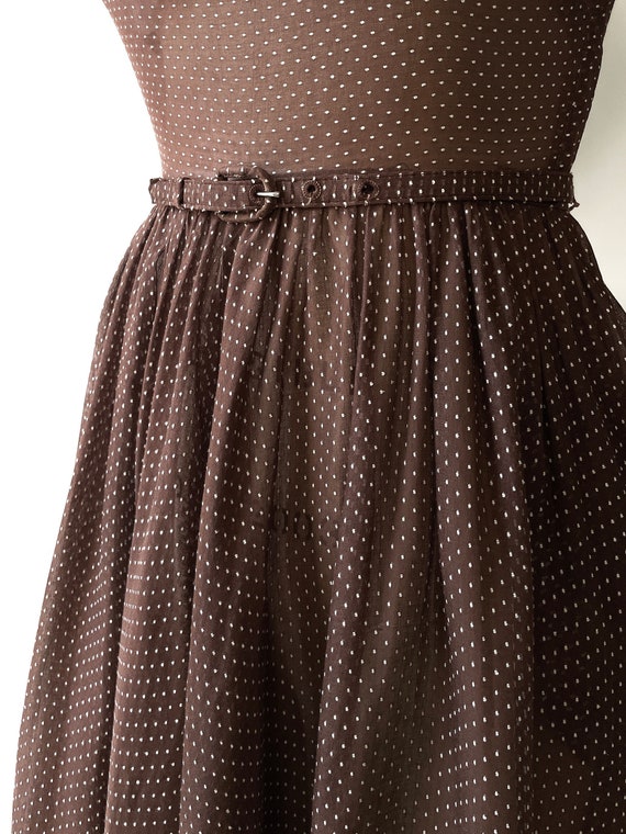 1950s Sheer Brown Cotton + White Dot Dress - image 8