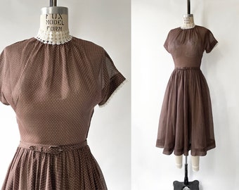 1950s Sheer Brown Cotton + White Dot Dress