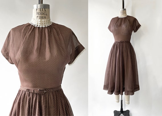 1950s Sheer Brown Cotton + White Dot Dress - image 1