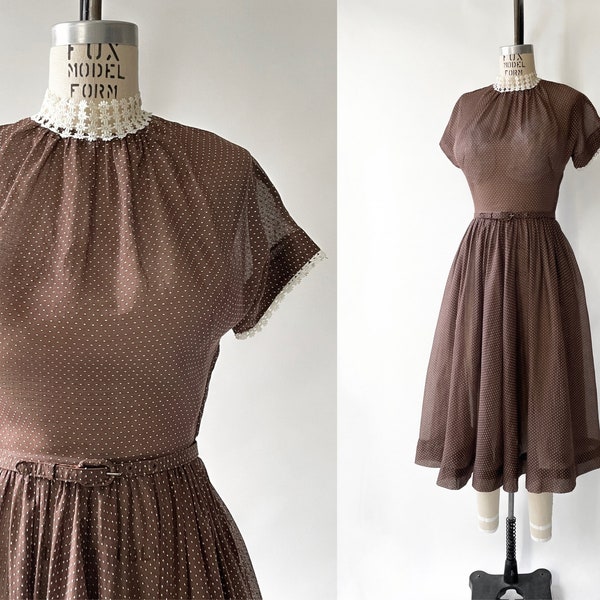 1950s Sheer Brown Cotton + White Dot Dress