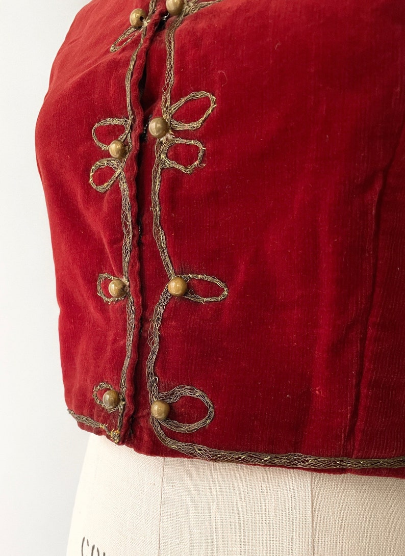 Antique Hungarian Vest Maroon Red Velvet Metal Embroidery Brass Beads image 2