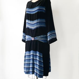 1920s Black + Blue Burnout Velvet Stripe And Silk Chiffon Dress Manahan