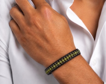 Bracciale da uomo in giada naturale, bracciale artigianale con pietre preziose, chiusura magnetica, regalo per lui