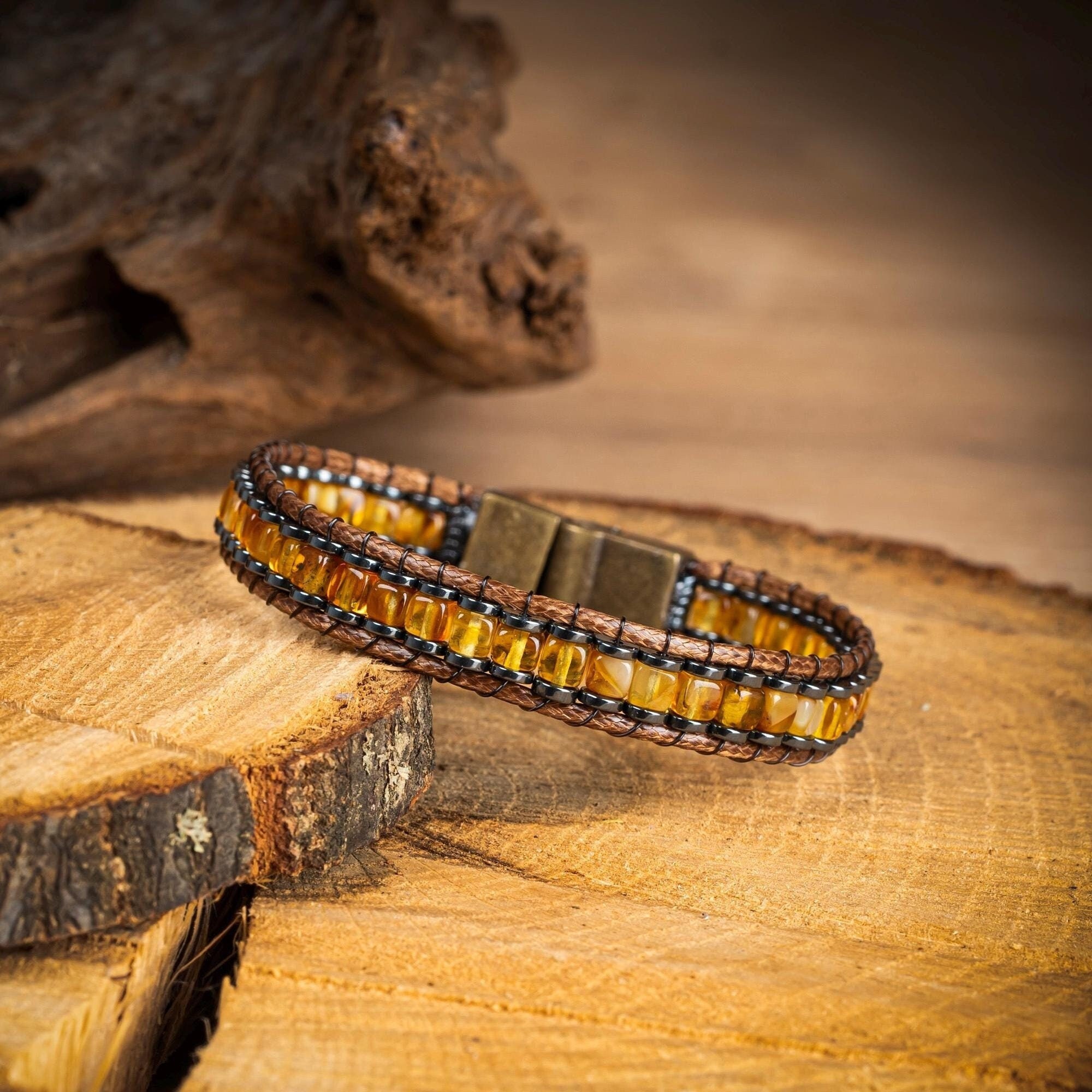 Bracelet manchette réglable à la main en pierre précieuse
