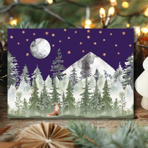 Cartão de Natal 5x7 para impressão | Cena de floresta em aquarela | Download instantâneo e modelo personalizável | cartão de felicitações em branco dentro