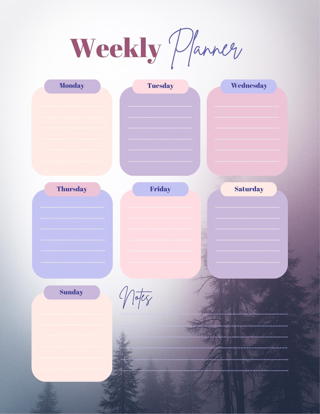 Pastel Misty Forest Weekly Planner - Etsy