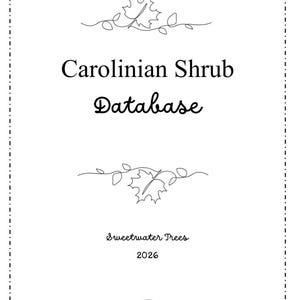 Pode incluir: Documento branco com o título "Carolinian Shrub Database" em fonte serif. O documento inclui o texto "Sweetwater Trees" e o ano "2026". Arte linear decorativa de folhas e vinhas na parte superior e inferior.