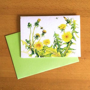 Tarjeta de felicitación con estampado de acuarela de diente de león firmada a mano, alegría, luz, abejorro, amigos, arte, tarjeta de regalo