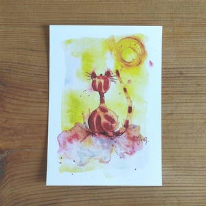 Carte d'art chat aquarelle impression signée à la main joie soleil lumière cadeau divers motifs au choix