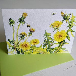 Biglietto d'auguri con fiori di campo, tarassaco, acquerello, stampa, firmata a mano, gioia, luce, bombo, amici, carta artistica, regalo, vari motivi tra cui scegliere.