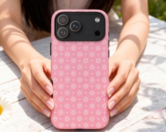 ピンクのデイジー柄スマホケース - スイートなレトロチャーム
