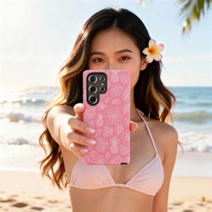 Pink Paradise | Tropical Hibiscus Pineapple Pinstripe Phone Case | Summer Aesthetic