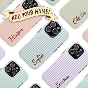 Gestreept hoesje met aangepaste naam | Preppy Colors iPhone Samsung Google | Gepersonaliseerde telefoonhoesje | Cadeau met monogram