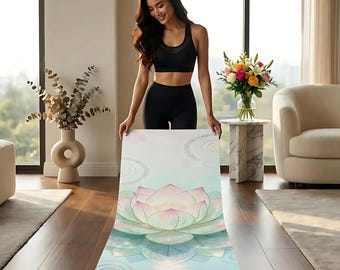 Lotus Flower Yoga Mat - Watercolor Mandala Design with Carrying Strap