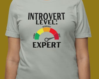 Pode incluir: Uma camiseta cinza claro com o texto "Introvert Level: Expert" e um gráfico de velocímetro com as palavras "Beginner", "Intermediate" e "Expert" nele.