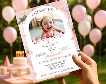 Berry First Birthday Invitation Digital Template Editable Photo Berry 1st Birthday Invite Girls 1st Birthday Invitation Strawberry Gingham