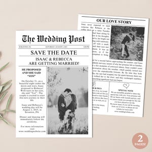 Tarjeta de reserva de fecha en periódico para bodas, cuenta regresiva para bodas en periódico, plantilla de anuncio de compromiso, plantilla de "Ella dijo sí" para bodas.