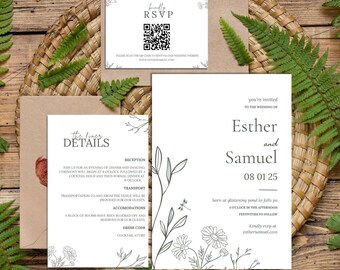 Wildblumen-Hochzeitseinladungskarte Bearbeitbare Moderne Hochzeitseinladung Canva-Vorlage Minimalistische Hochzeit laden Wildblumen-Vorlage ein WE0001