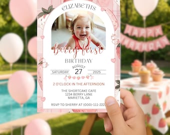 Photo Berry 1st Birthday Invitation Berry First Birthday Invitation Template Editable Girls 1st Strawberry Birthday Invitation Pink Gingham