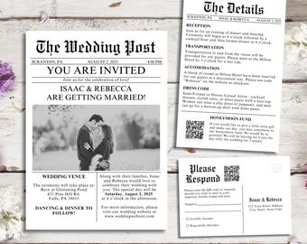 Wedding Newspaper Invitation Template Unique Newspaper Wedding Invitation Set Editable Wedding Details Card QR Code Invite Download