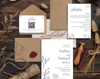 Wildblumen Hochzeitseinladung Vorlage Bearbeitbare Minimalistische Hochzeitseinladung Moderne Hochzeitseinladungskarte Digitale Einladungsvorlage WE0001