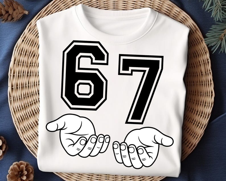 K&ouml;nnte beinhalten: Wei&szlig;es Sweatshirt mit der Zahl 67 in Schwarz mit wei&szlig;em Umriss. Unter den Zahlen befinden sich zwei offene H&auml;nde in einer Schwarz-Wei&szlig;-Strichzeichnung. Das Sweatshirt wird auf einer gewebten Oberfl&auml;che pr&auml;sentiert.