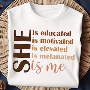 She Is Me Educated Motivated Elevated Melanated Svg Png Black History Month Png African American Png Black Teacher Shirt Svg Juneteenth Svg