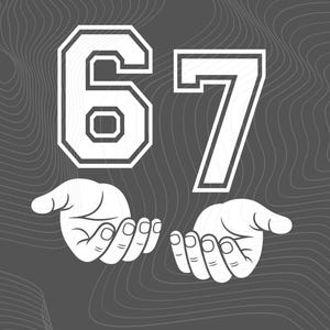 May include: White graphic of the numbers 67 above two open hands on a dark grey background with a topographic pattern. The numbers have a collegiate style font with a white outline.