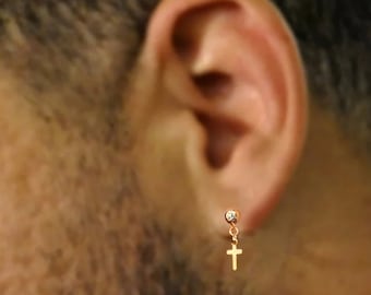 Small Hanging Cross Stud Earring Men Dangle Cross Earring for Men, Mini Cross Charm Stud. Religious Jewelry, Minimalist Mens Jewelry