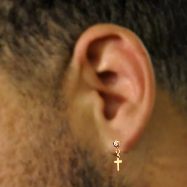 Small Hanging Cross Stud Earring Men Dangle Cross Earring for Men, Mini Cross Charm Stud. Religious Jewelry, Minimalist Mens Jewelry