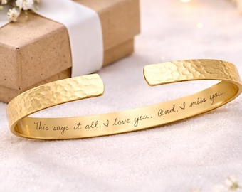 Pulsera tipo brazalete con escritura a mano en oro, pulsera personalizada con mensaje oculto grabado, joyería conmemorativa, regalo personalizado para ella, escritura de firma.
