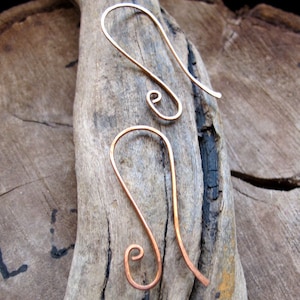 Elongated Swirl Copper Ear Wires, Handmade Earwires 20 gauge Earrings, Hammered Jewelry Supplies, Long Ear wires, Artisan Earwires