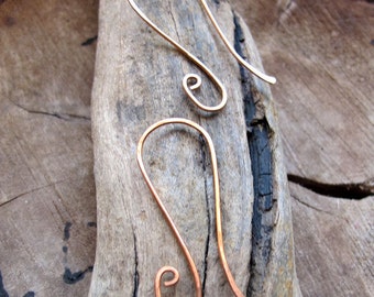 Elongated Swirl Copper Ear Wires, Handmade Earwires 20 gauge Earrings, Hammered Jewelry Supplies, Long Ear wires, Artisan Earwires