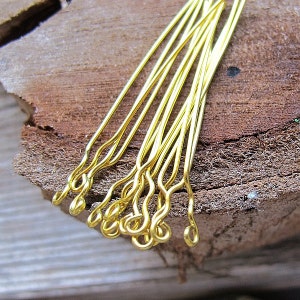 10 Gold Pure Brass, Little Spirals Headpins 20gauge, Gold Head Pins Eye Pins. Hand Crafted Artisan Jewelry Findings.Wave Sticks for Earrings