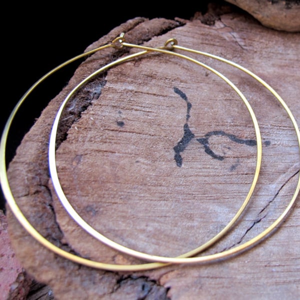 Golden Hoop Earrings 3 inch Brass Hammered Hoops Extra Large Thin Rounded Earrings Gold Hoop earrings Large Hoops for Her Flat Hoops womens