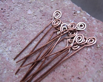 Spiral Head Pins 22 gauge. Bronze Swirl Headpins 1.5 inch length Hammered Long Spirals, Handmade Jewelry Findings. Eye Pins, Artisan Headins