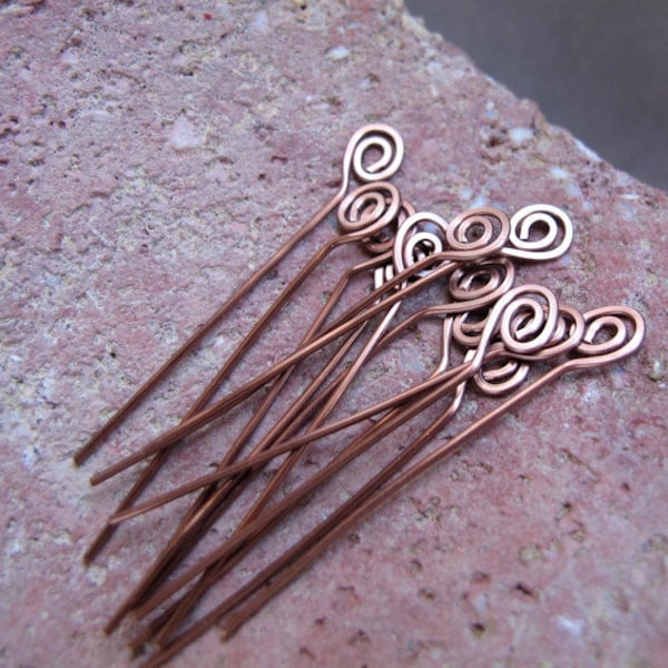 Spiral Head Pins 22 gauge. Bronze Swirl Headpins 1.5 inch length Hammered Long Spirals, Handmade Jewelry Findings. Eye Pins, Artisan Headins