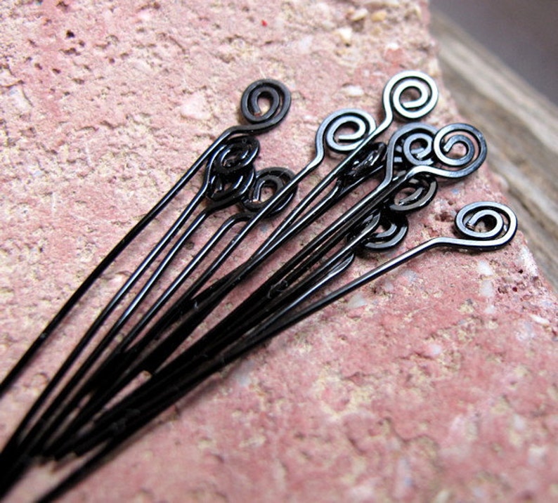 Black Swirl Headpins Set 22 gauge Enameled Wire Spiral Head Pins. Set of 10 Wire Wrapped Eye Pins Artisan Supplies Handmade Findings image 3
