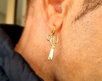 Hairdresser Gift Men Gold Scissors Earring for Men - Boyfriend Birthday Gift - hair stylist gift - Mens Jewelry - Drop Dangle Earring